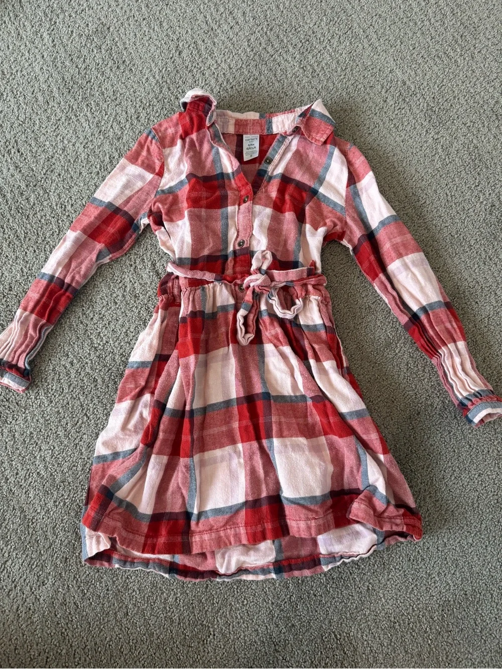 Carter’s Girls 6 6X Red Pink Plaid Shirt Dress Long Sleeve Belted Cotton